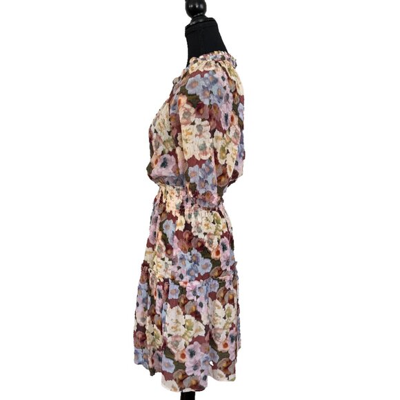 Rails Fiorella Floral Tie Neck Dress Size L Plissé Midi Short Sleeve Lined - Picture 8 of 12